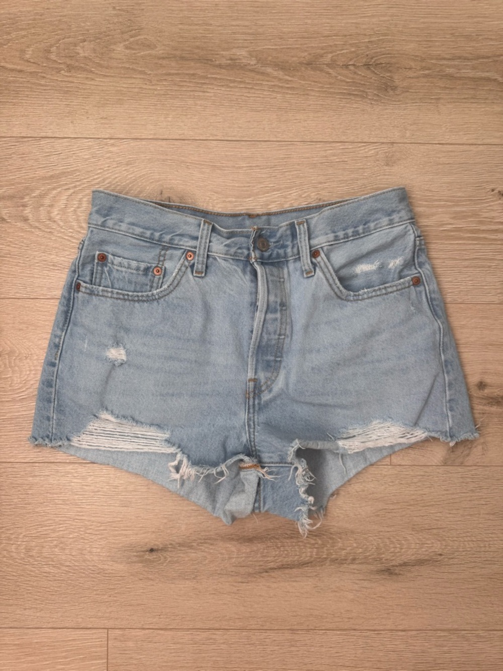 Levi's Light Blue Distressed High-Rise Jean Shorts